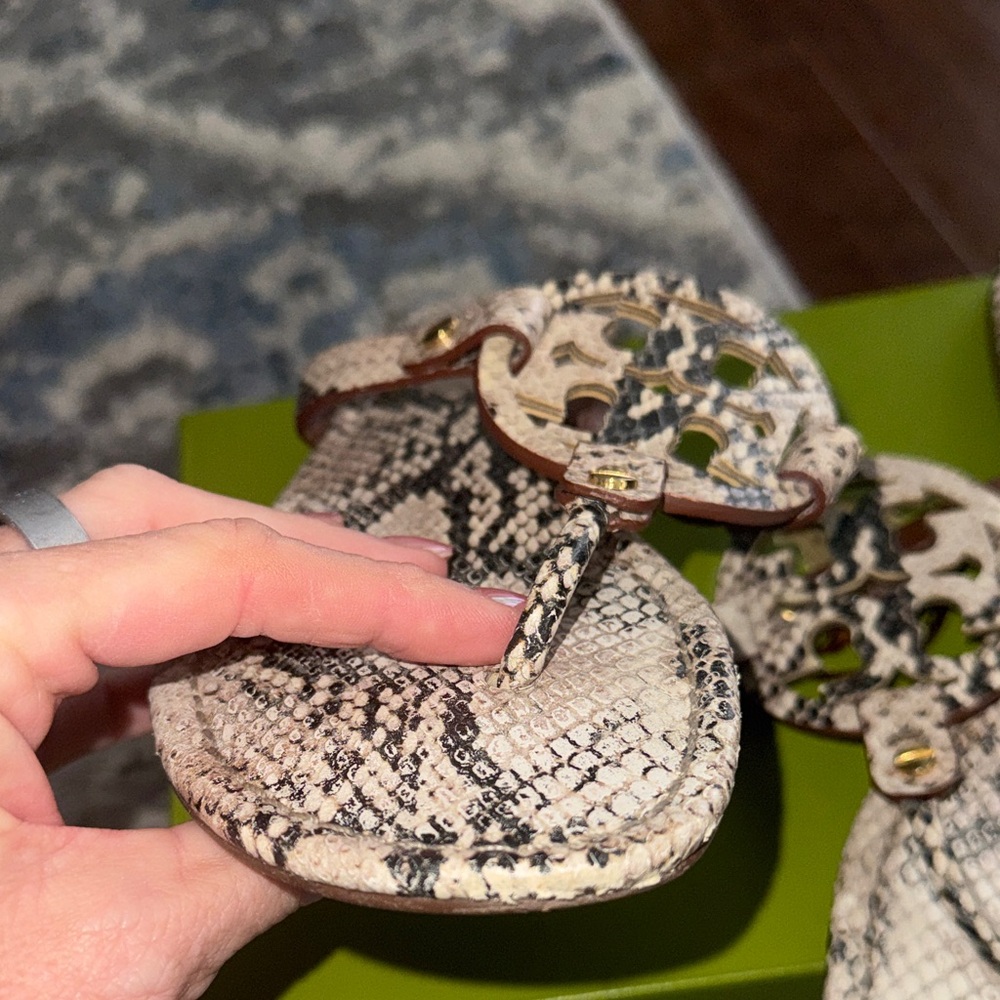 Tory Burch Snake-Embossed Miller Sandals in Beige and Black - Picture 6 of 7